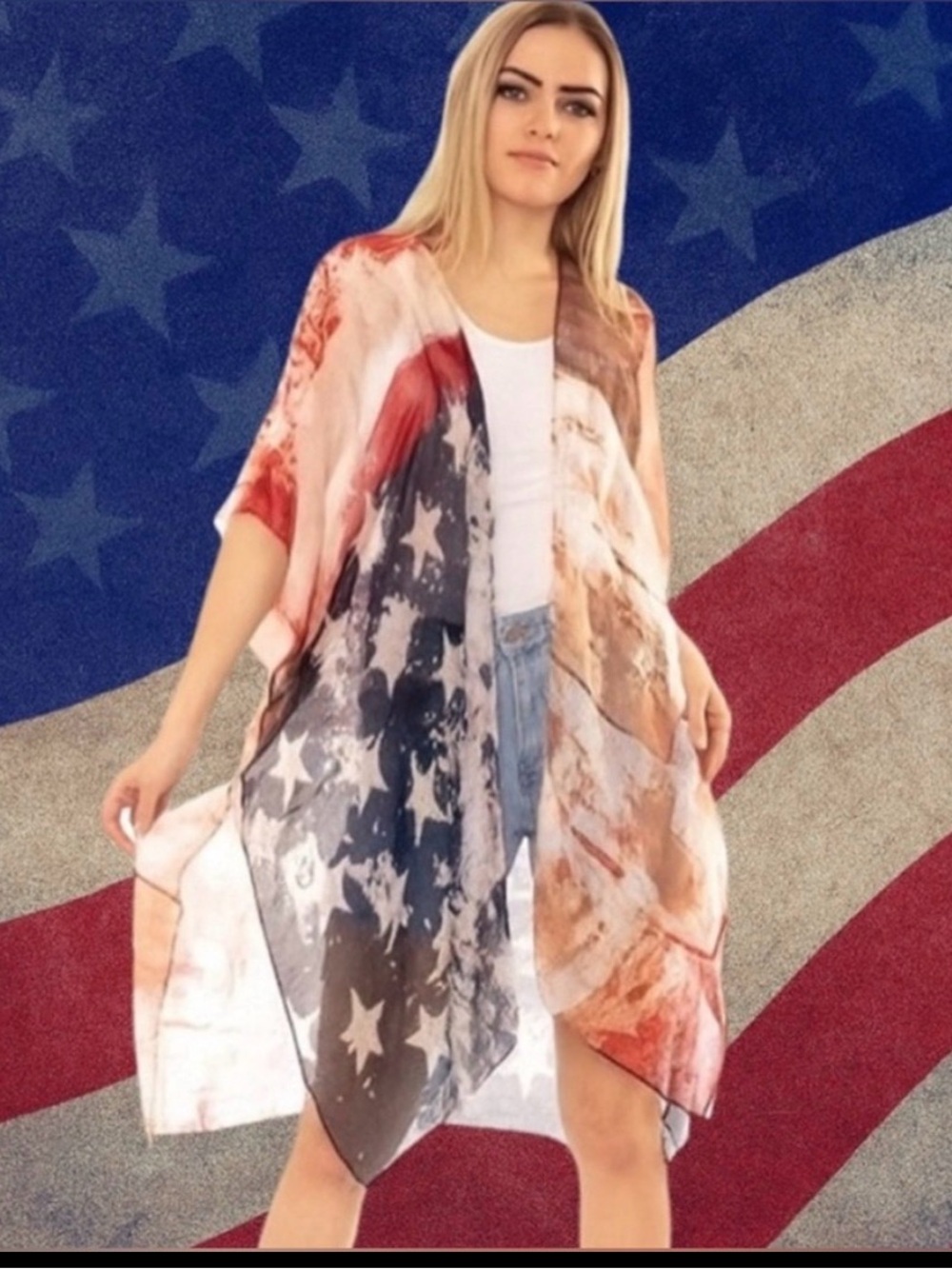 American Flag Print Sheer Kimono Cover-Up - Red White Blue - NWT